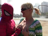 Spider man role play with a random blonde getting laid on cam