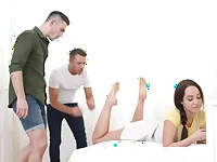 Chick has a threesome and gets double penetrated by two males