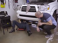 Sexy wangle Gina Valentina gets it good in the auto shop