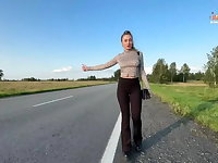 Hot Bitch Hitchhikes in Tight Leggings, Shows Tits with the addition of Ass with the addition of Pays be fitting of the R...
