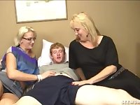 Tide up amateur guy gets his cock pleasured by two horny ladies